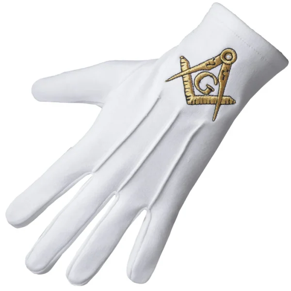 Master Mason Blue Lodge Gloves - Pure Cotton Gold Square & Compass G Front