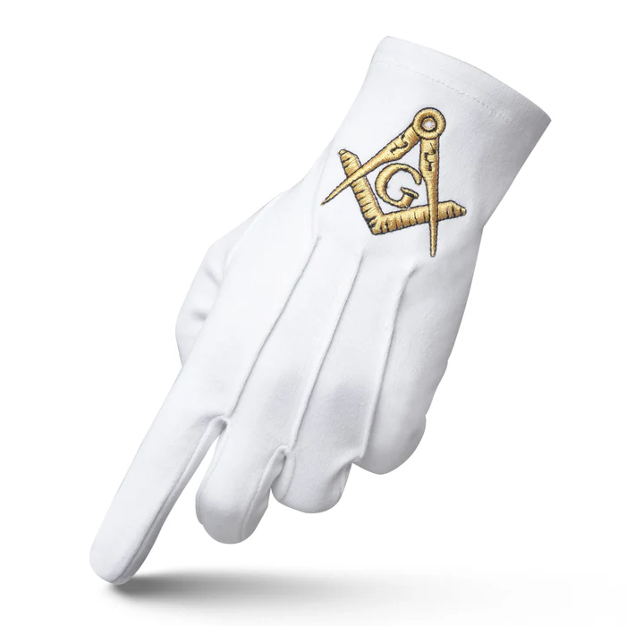 Master Mason Blue Lodge Gloves – Pure Cotton Gold Square & Compass G Front