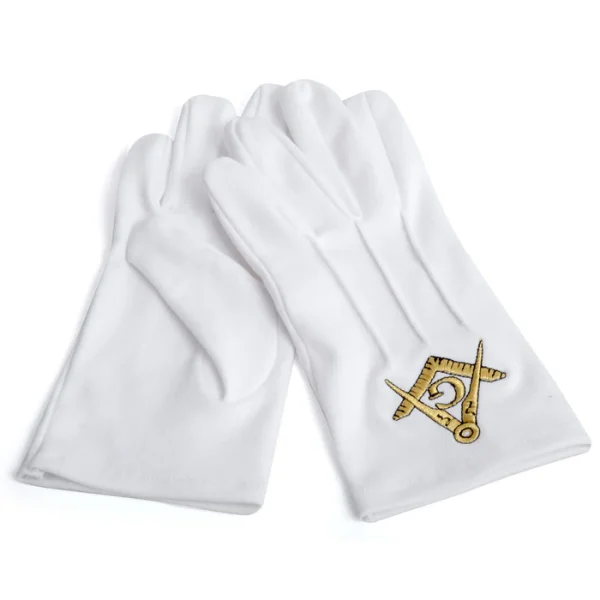 Master Mason Blue Lodge Gloves - Pure Cotton Gold Square & Compass G Front and Back