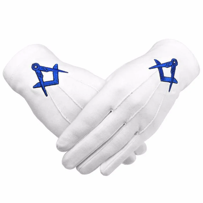 Master Mason Blue Lodge Gloves – White Cotton with Blue Square & Compass