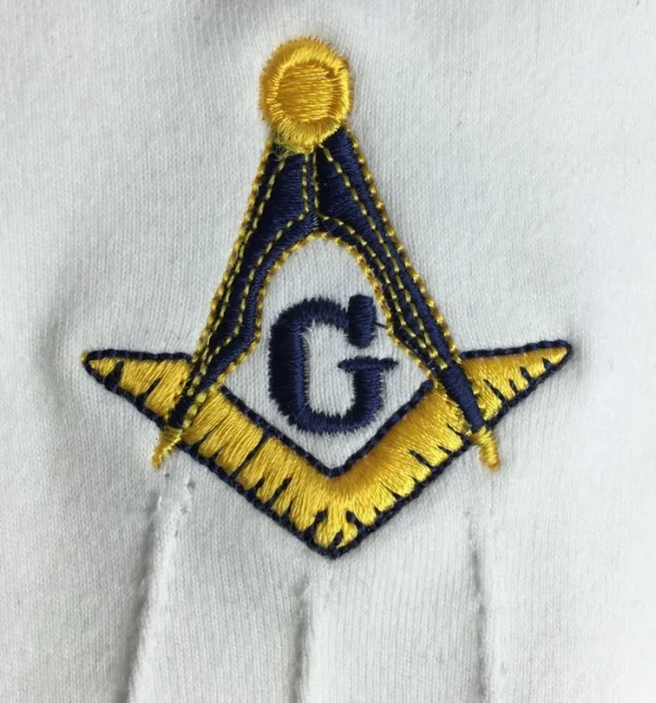 Master Mason Blue Lodge Gloves - Cotton with Yellow & Blue Square & Compass G Logo