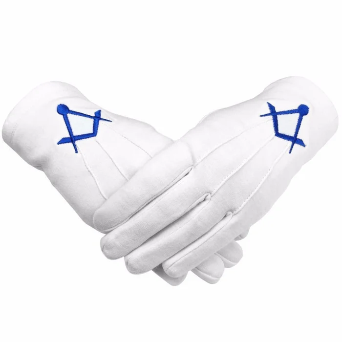 Master Mason Blue Lodge Gloves – White Cotton with Royal Blue Thin Square & Compass