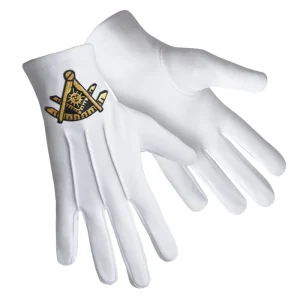 Past Master Blue Lodge California Regulation Gloves - Pure Cotton Gold Emblem Front and Back