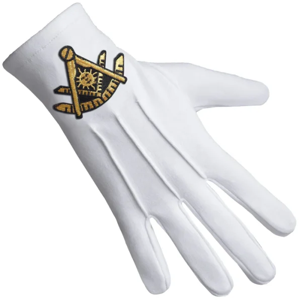 Past Master Blue Lodge California Regulation Gloves - Pure Cotton Gold Emblem Front