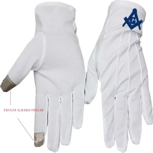 Master Mason Blue Lodge Gloves - Polyester Golden Embroidery Touch Screen Finger Front and Back