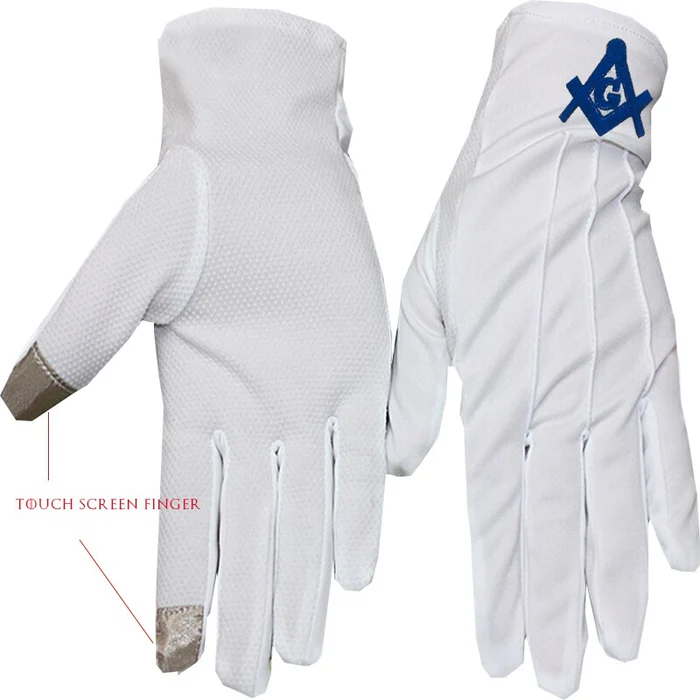 Master Mason Blue Lodge Gloves – Polyester Golden Embroidery Touch Screen Finger Front and Back