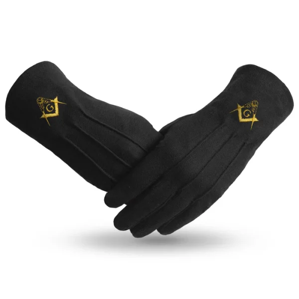 Master Mason Blue Lodge Gloves - Machine Embroidery Gold Emblem Black Cotton