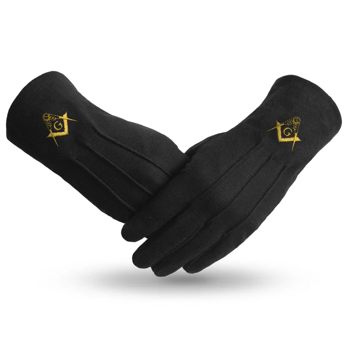 Master Mason Blue Lodge Gloves – Machine Embroidery Gold Emblem Black Cotton