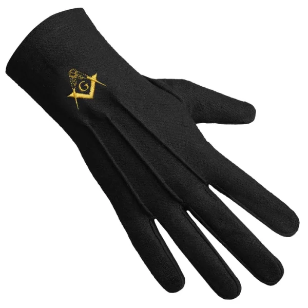 Master Mason Blue Lodge Gloves - Machine Embroidery Gold Emblem Black Cotton Front