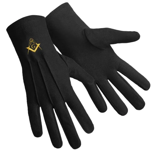 Master Mason Blue Lodge Gloves - Machine Embroidery Gold Emblem Black Cotton Front and Back