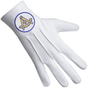 Past Master Blue Lodge California Regulation Gloves - Pure Cotton with Gold Emblem with Blue Borders Front