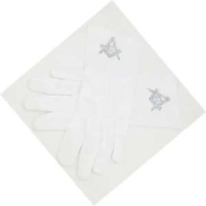 Master Mason Blue Lodge Gloves - Polyester with Square and Compass G Rhinestone