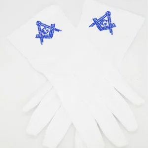 Master Mason Blue Lodge Gloves - Polyester with Square and Compass G Rhinestone 8 Master Mason Blue Lodge Gloves - Polyester with Square and Compass G Rhinestone