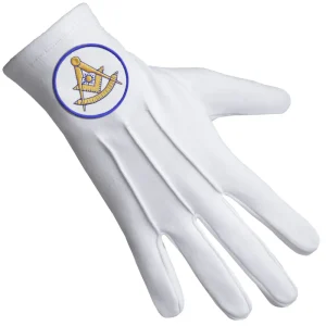 Past Master Blue Lodge California Regulation Gloves - Cotton with White Patch with Blue Borders Front