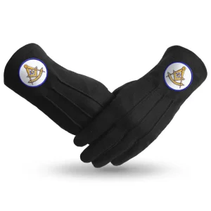 Past Master Blue Lodge California Regulation Gloves - Black Cotton with Gold Emblem Patch