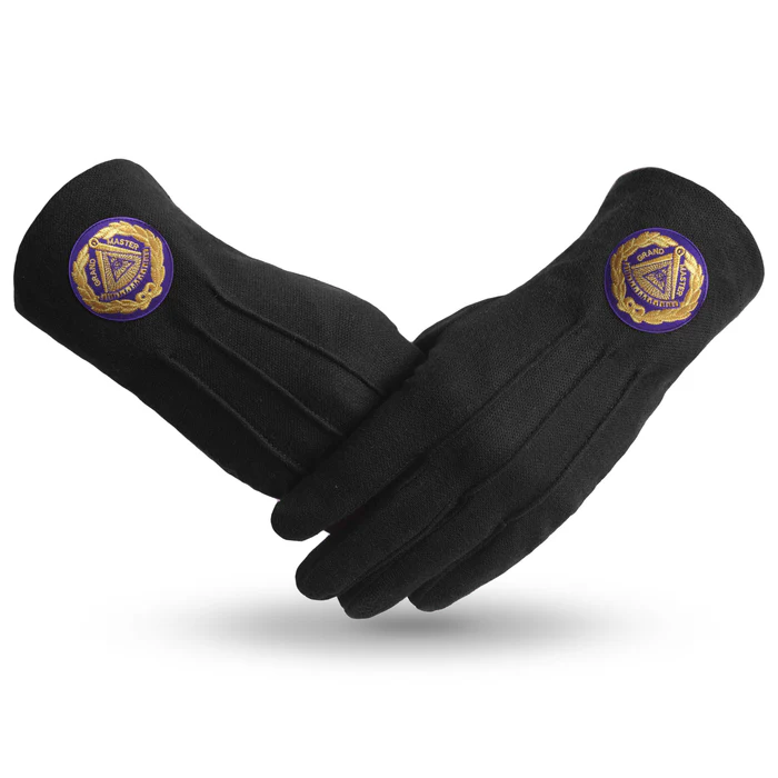 Grand Master Blue Lodge Gloves – Pure Black Cotton with Purple Patch