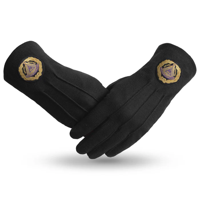 Grand Master Blue Lodge Gloves – Pure Black Cotton with Gold Wreath