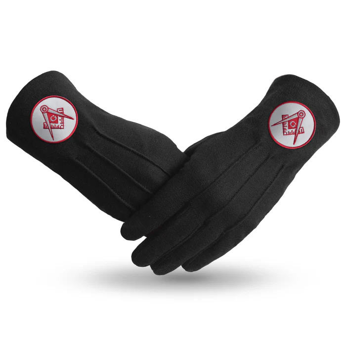 Master Mason Blue Lodge Gloves – Black Cotton with Red Emblem