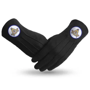 Past Master Blue Lodge California Regulation Gloves - Black with Gold Emblem and Blue Borders