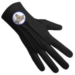 Past Master Blue Lodge California Regulation Gloves - Black with Gold Emblem and Blue Borders Front