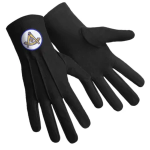 Past Master Blue Lodge California Regulation Gloves - Black with Gold Emblem and Blue Borders Front and Back