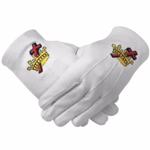 Knights Templar Commandery Gloves - White Cotton Machine Embroidered Logo