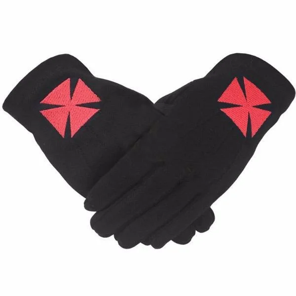 Knights Templar Commandery Gloves - Black Cotton with Red Nordic Cross