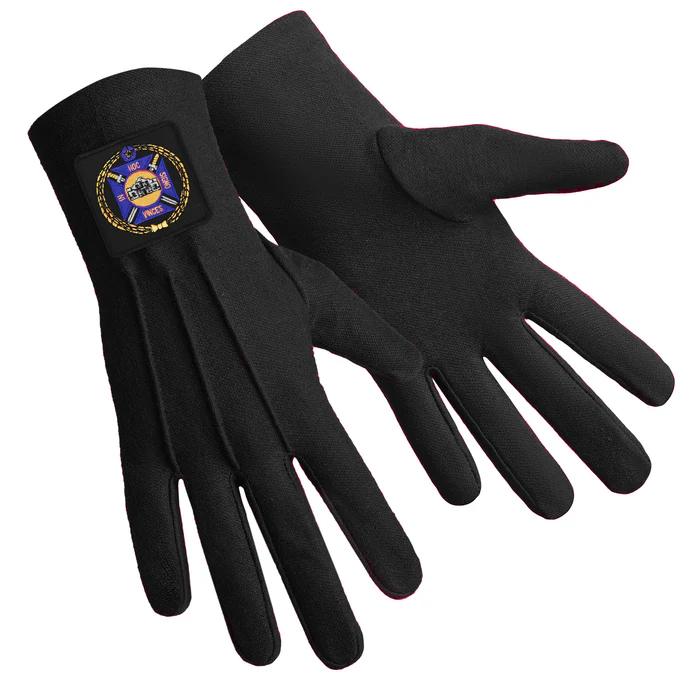 Knights Templar Commandery Gloves – Black Patch with Purple Emblem Front and Back