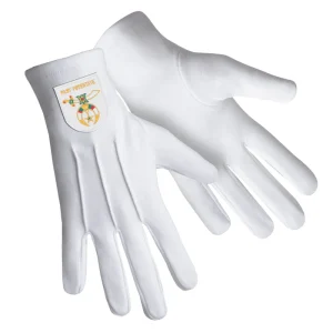 Past Potentate Shriners Gloves - White Cotton with Gold Emblem Front and Back