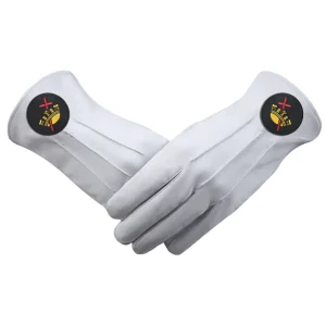 Knights Templar Commandery Gloves - White Leather with Black Patch Emblem