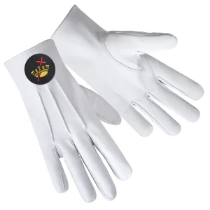 Knights Templar Commandery Gloves - White Leather with Black Patch Emblem