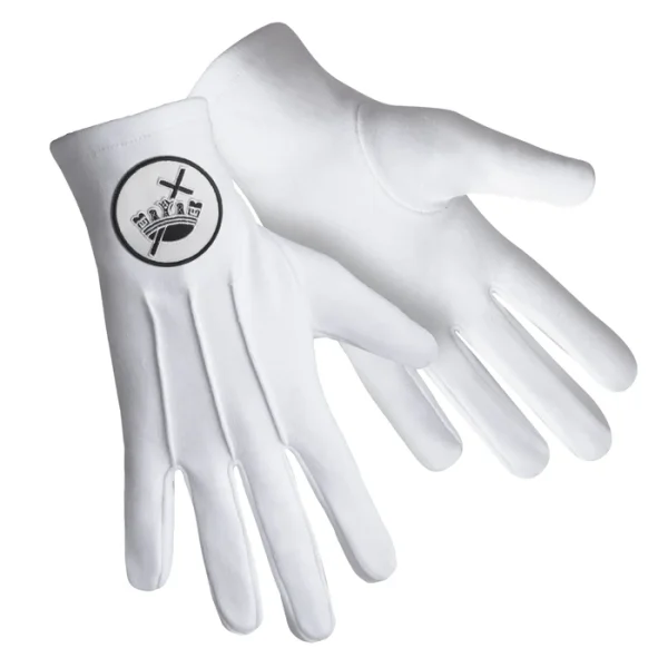 Knights Templar Commandery Gloves - Pure White Cotton with White & Black Patch