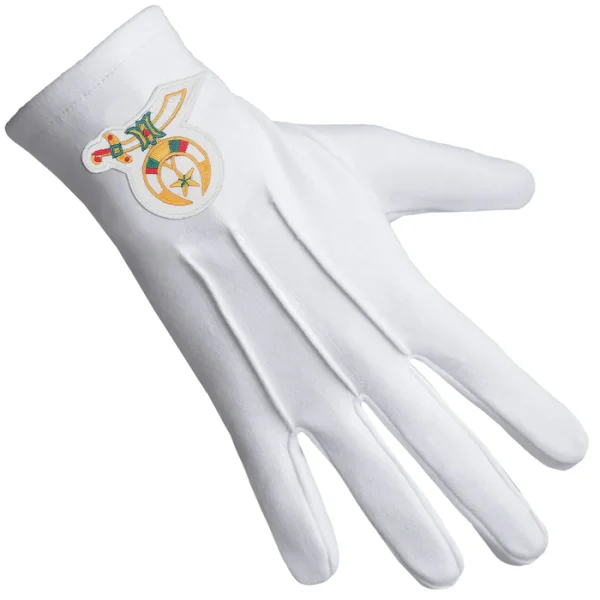 Shriners Gloves - White Cotton with Gold Emblem Front