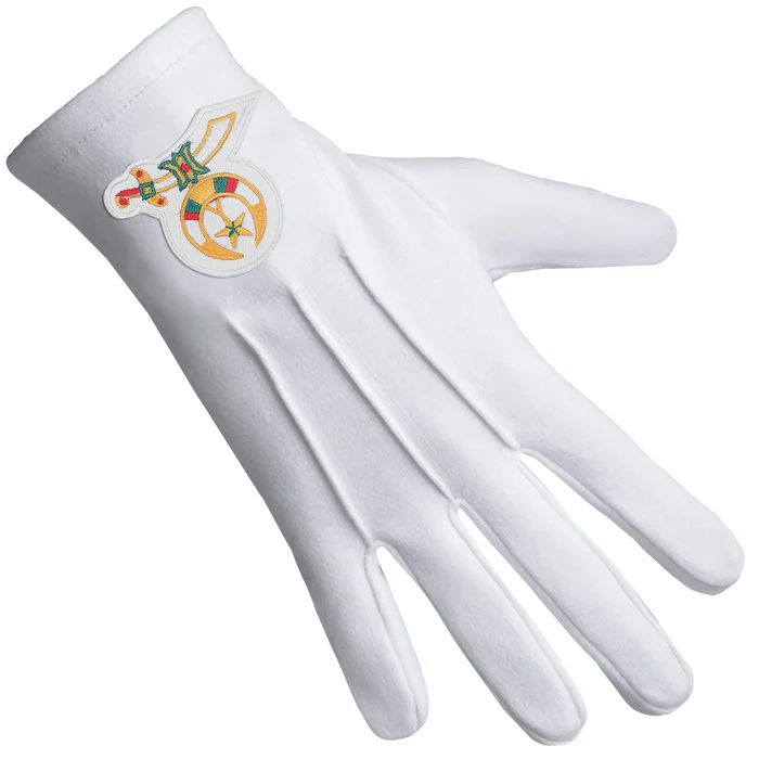 Shriners Gloves – White Cotton with Gold Emblem Front