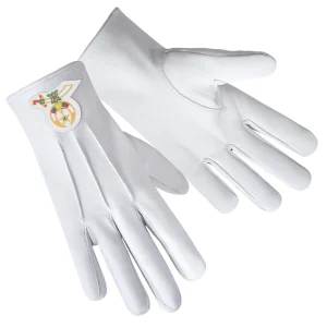 Shriners Gloves - White Leather with Gold Emblem Front And Black