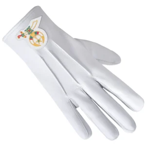 Shriners Gloves - White Leather with Gold Emblem Front