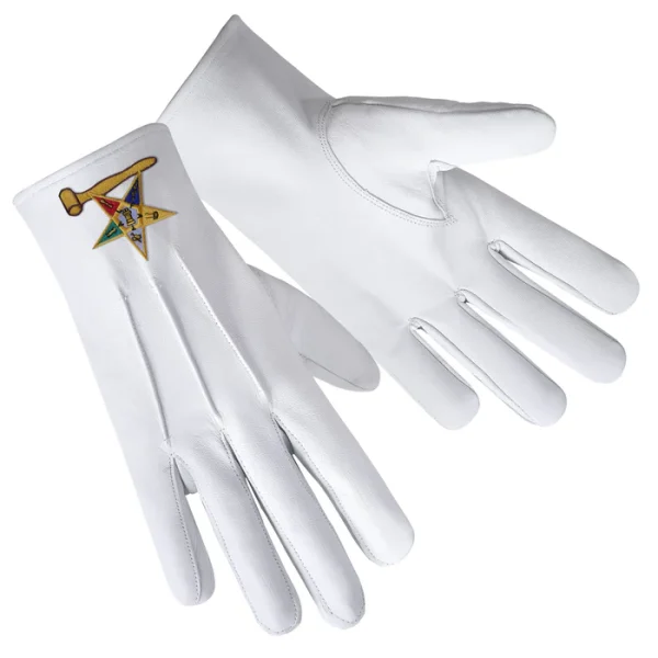 Worthy Matron OES Gloves - White Leather with Gold Gavel Front and Back