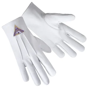 Thrice Illustrious Master Royal & Select Masters English Regulation Gloves - White Leather with Purple & Gold Emblem Front And Back