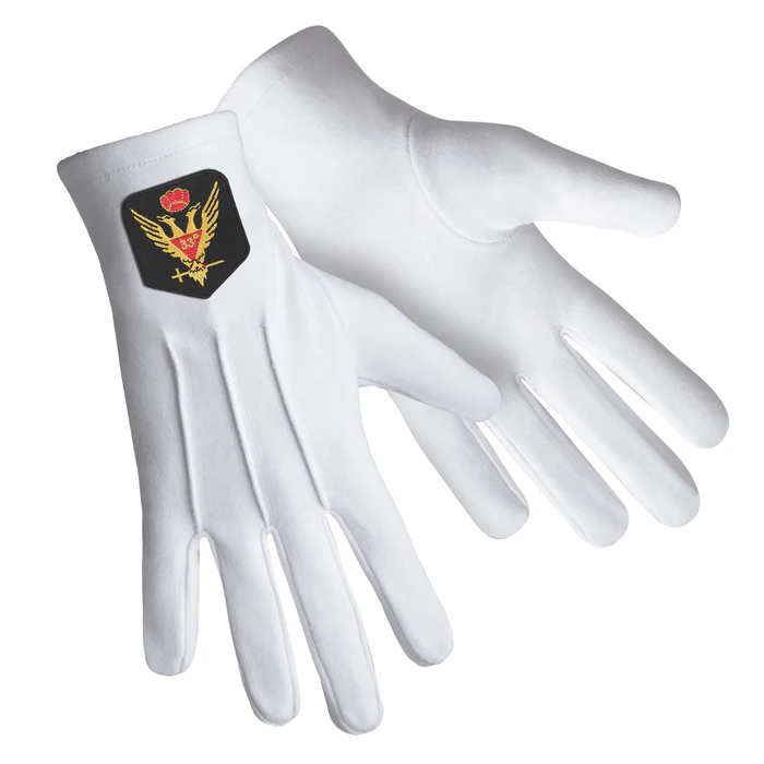 33rd Degree Scottish Rite Gloves – White Cotton With Gold Emblem