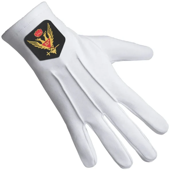 33rd Degree Scottish Rite Gloves - White Cotton With Gold Emblem