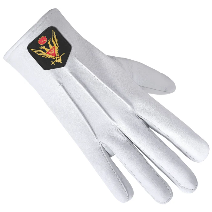 33rd Degree Scottish Rite Gloves – White Leather With Gold Emblem