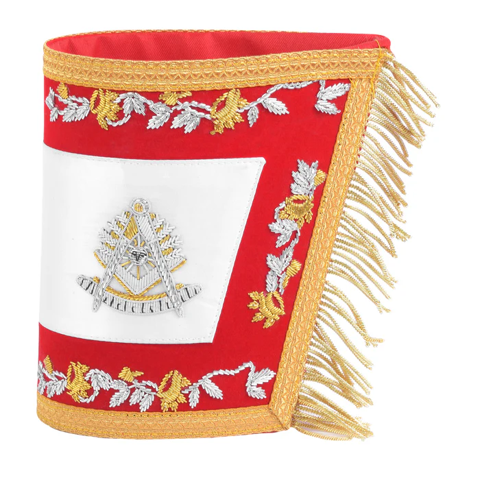 Past Master Blue Lodge California Regulation Cuff – Red Hand Embroidery with Gold Fringe Front