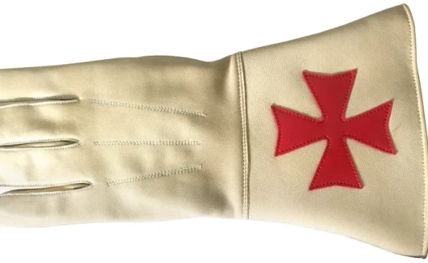 Knights Templar Commandery Gauntlet - Buff Leather with Red Maltese Cross Back