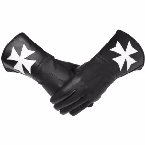 Order of Malta Commandery Gauntlets - Black Leather with White Maltese Cross