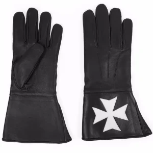 Order of Malta Commandery Gauntlets - Black Leather with White Maltese Cross Front Back