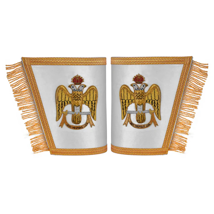 33rd Degree Scottish Rite Cuff – White Silk with Hand Embroidery Gold Bullion