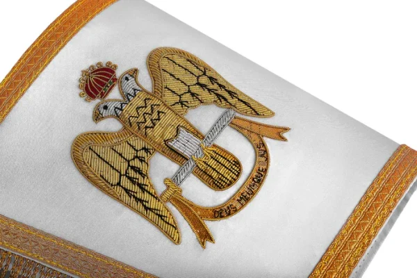 33rd Degree Scottish Rite Cuff - White Silk with Hand Embroidery Gold Bullion Patch