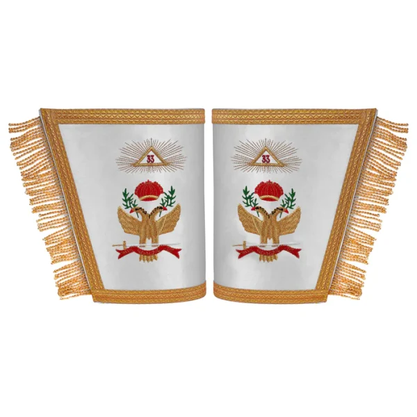 33rd Degree Scottish Rite Cuff - White Silk with Machine Embroidery Bullion