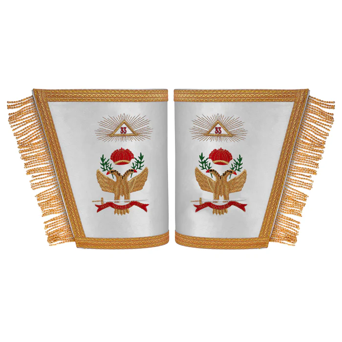 33rd Degree Scottish Rite Cuff – White Silk with Machine Embroidery Bullion