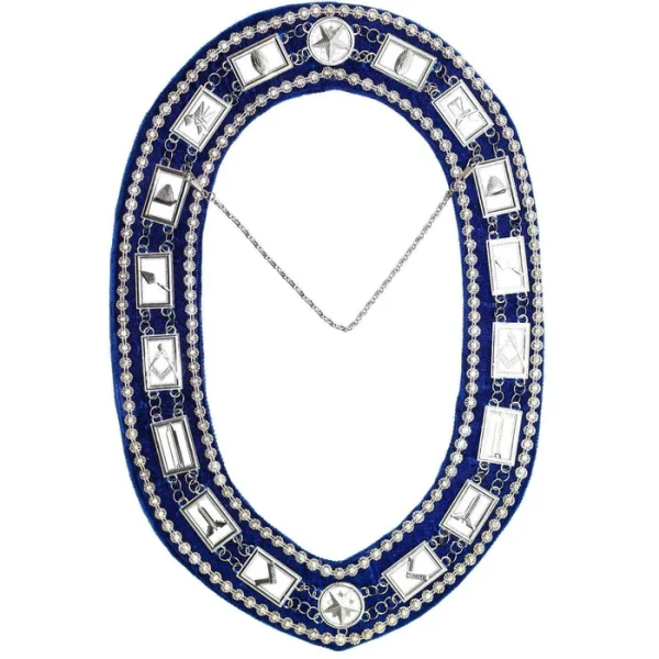 Blue Lodge Chain Collar - Silver Plated with Rhinestones on Blue Velvet